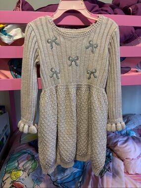 Little Lass Light Purple Knit Sweater Dress with Silver Bow Accents